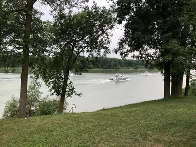 Plusieurs bateaux motorisés naviguent sur une rivière bordée de grands arbres.
