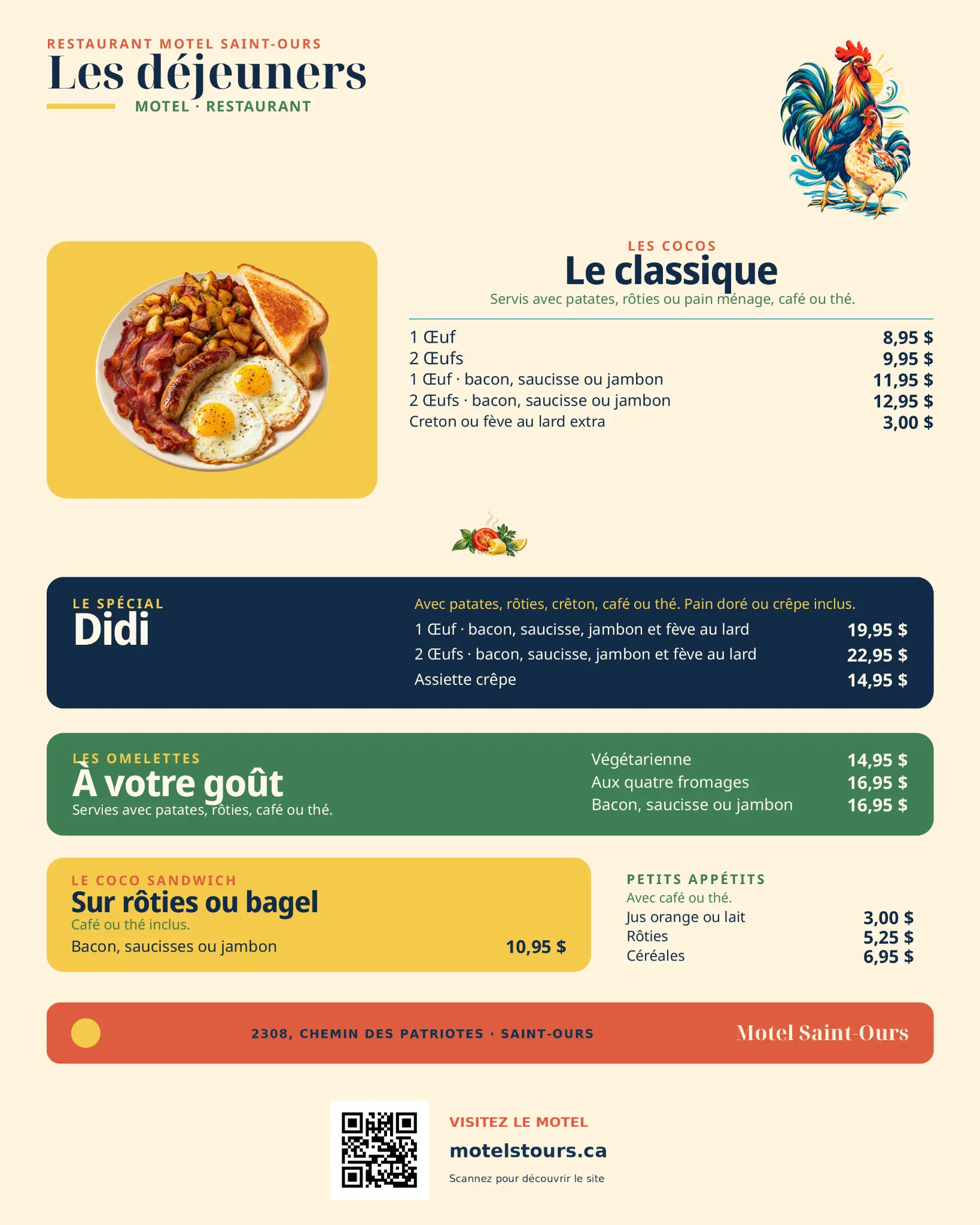 Menu des déjeuners du restaurant Les Cocos au Motel Saint-Ours