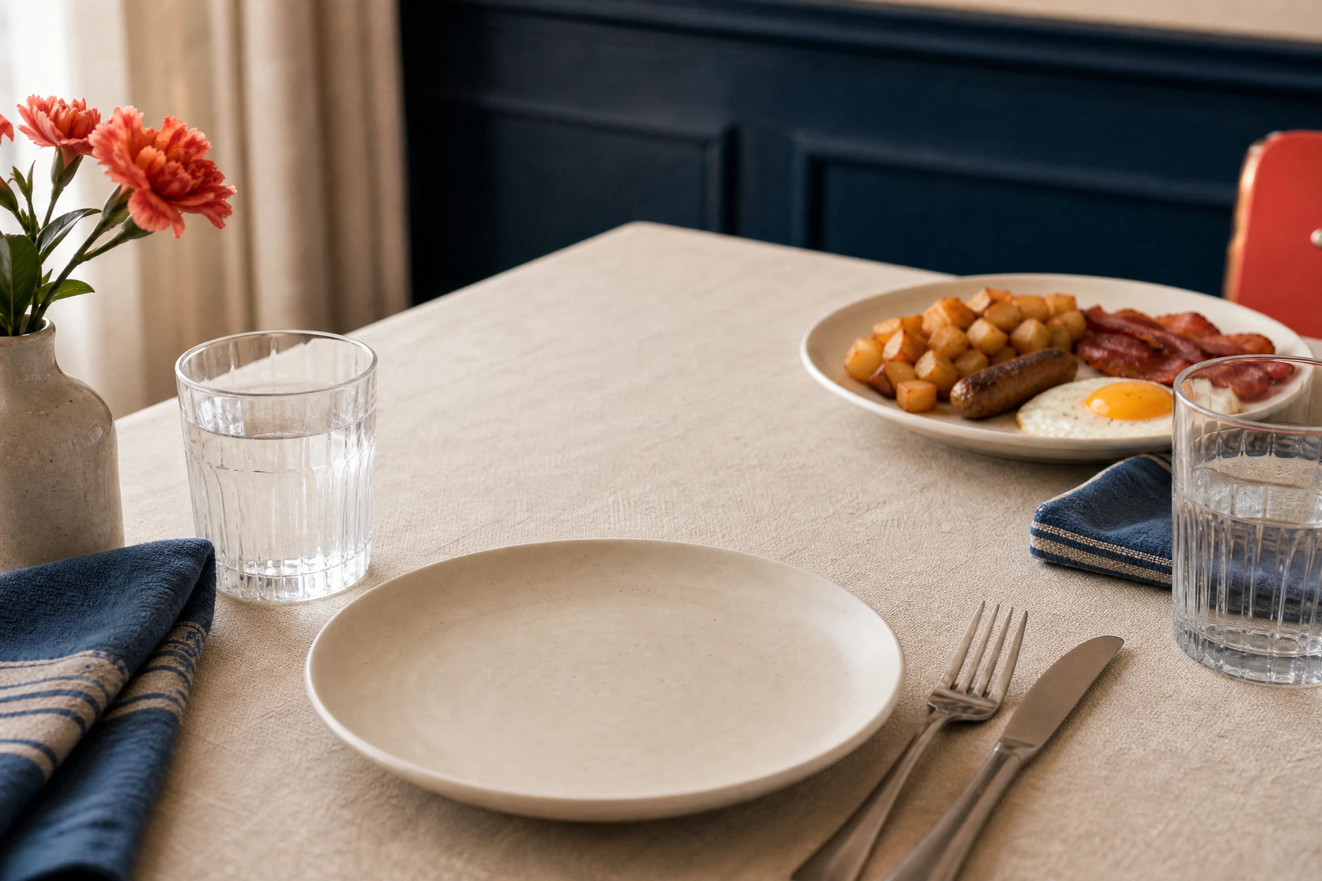 Table de déjeuner préparée dans une ambiance chaleureuse et lumineuse.
