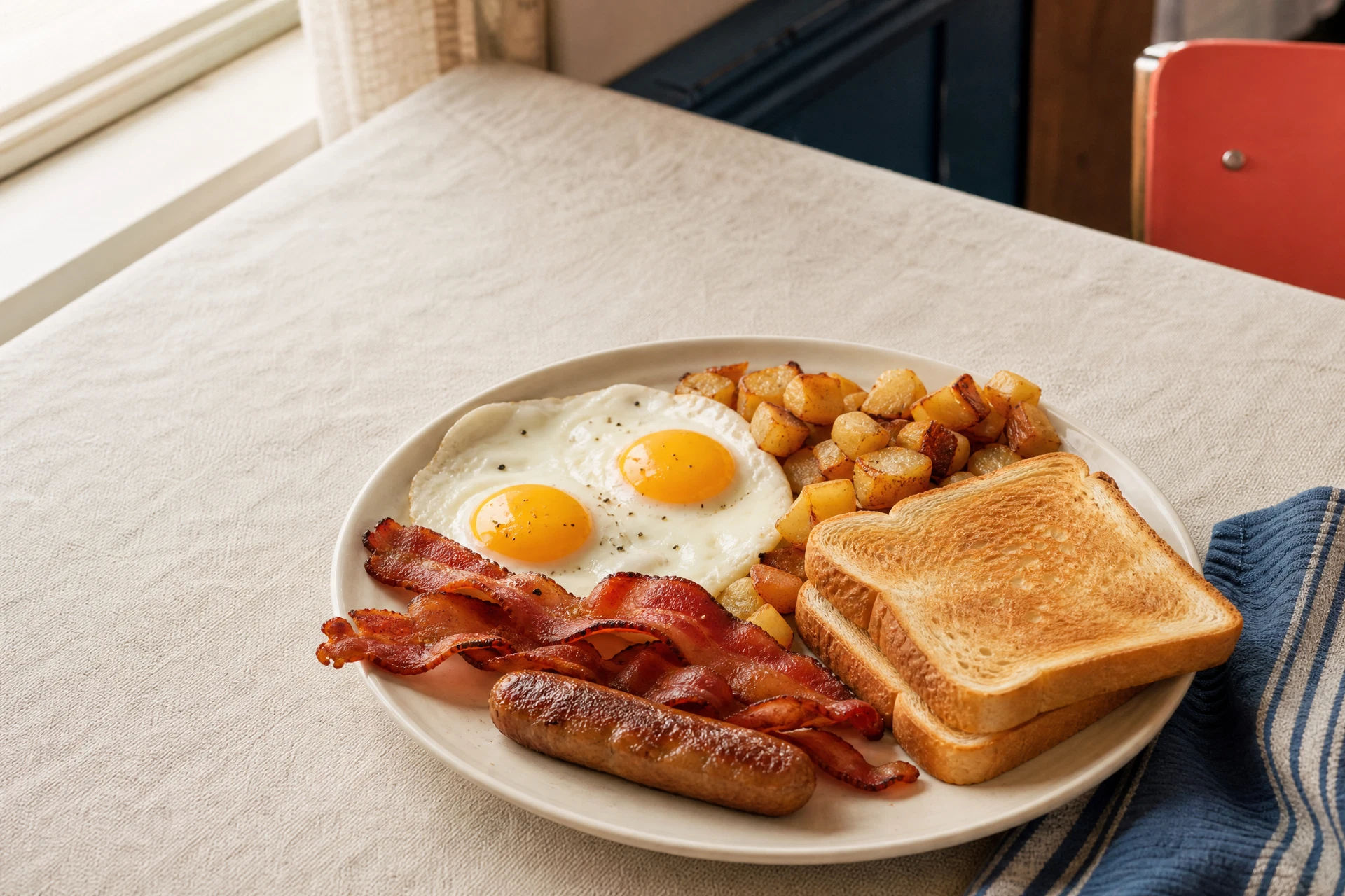 Déjeuner classique avec œufs, bacon, saucisse, pommes de terre et rôties.