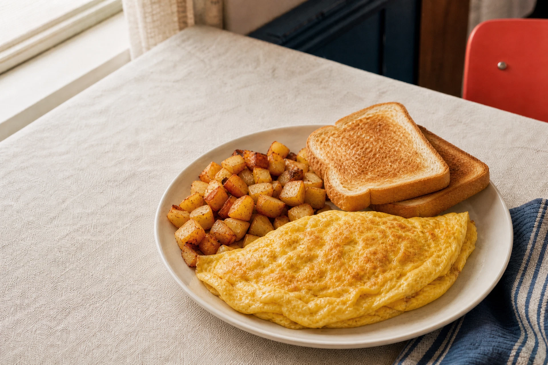 Omelette généreuse servie avec pommes de terre et rôties.