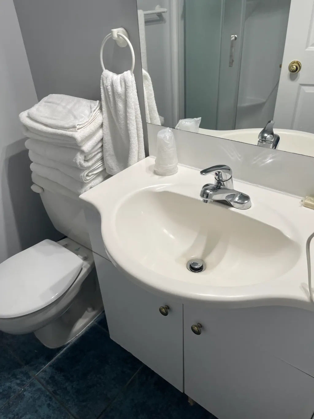 Salle de bain de chambre, avec serviettes et lavabo.