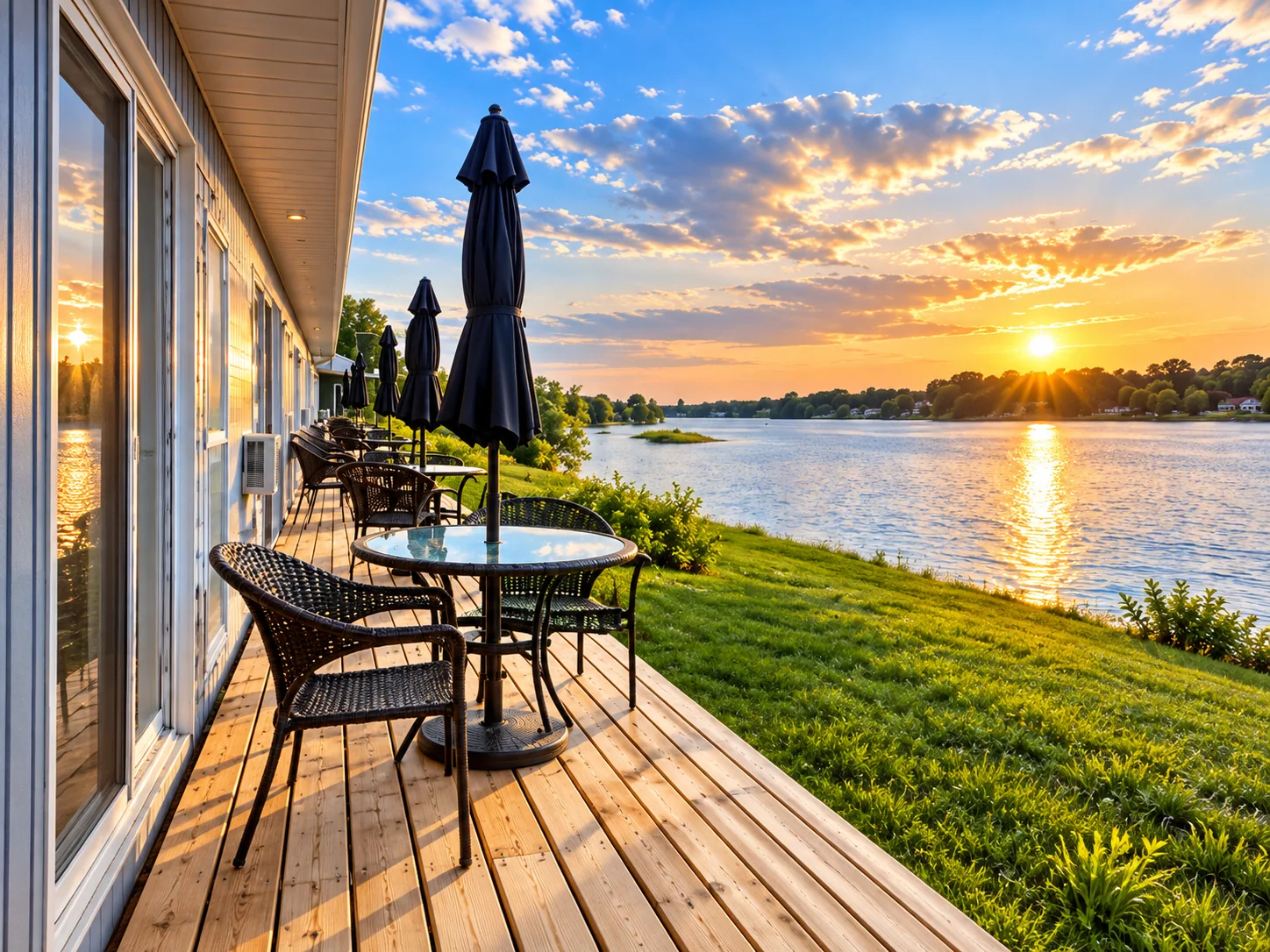 Terrasse du Motel Saint-Ours au coucher du soleil, avec vue sur le Richelieu.